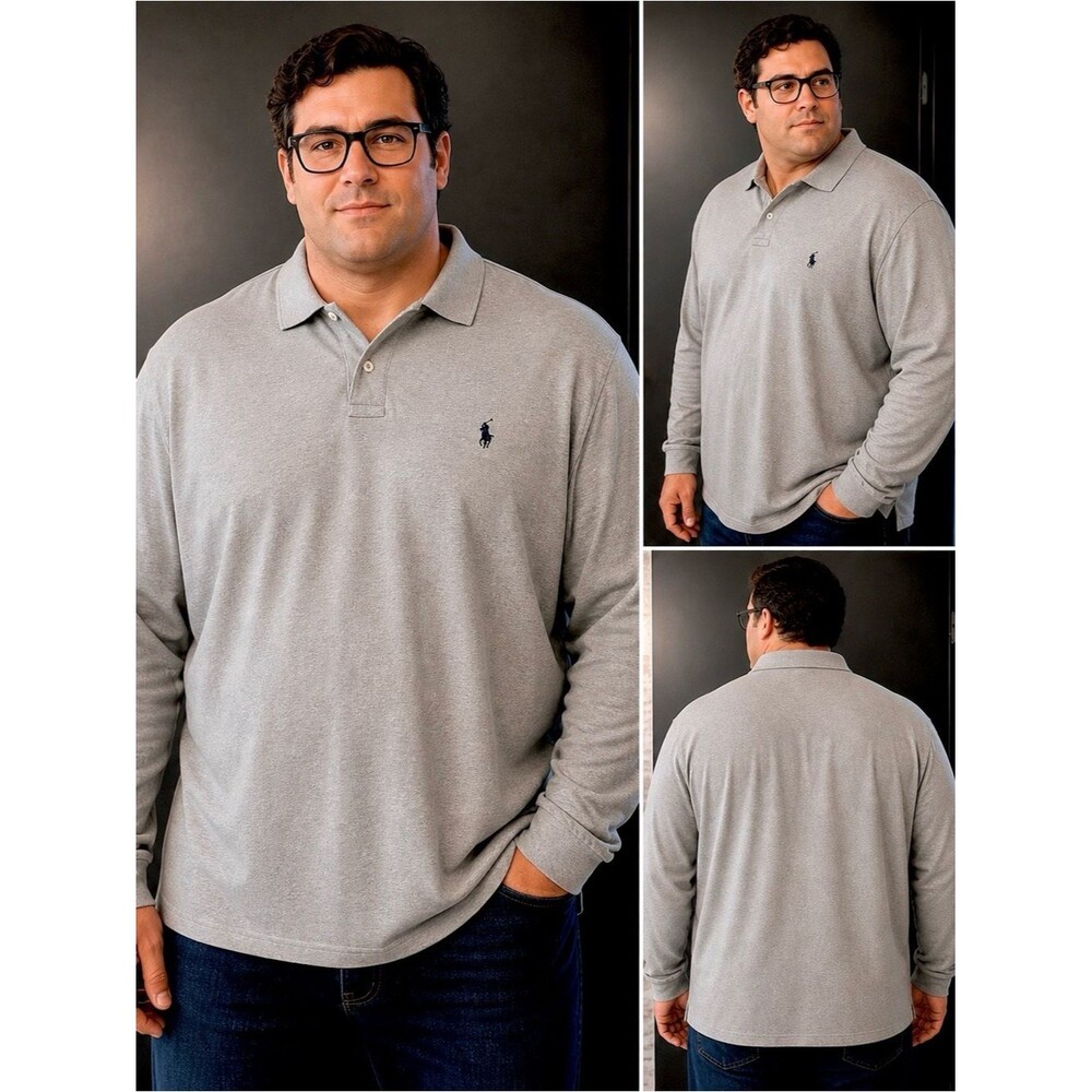 Polo Ralph Lauren 4XB Big & Tall Gray Long Sleeve Polo Shirt Men Classic Logo